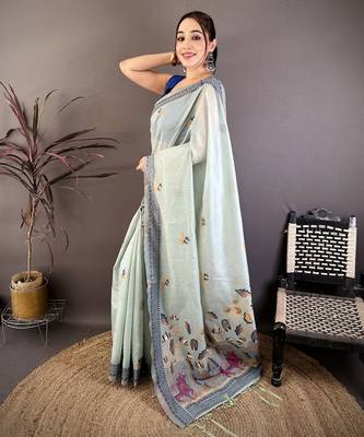 Sky blue cotton woven design saree with unstitched blouse piece 2