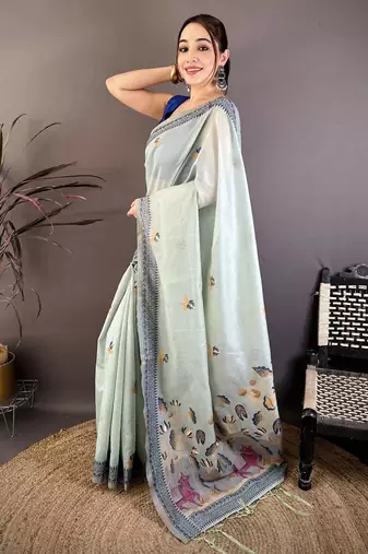 Sky blue cotton woven design saree with unstitched blouse piece