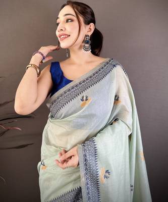 Sky blue cotton woven design saree with unstitched blouse piece 3