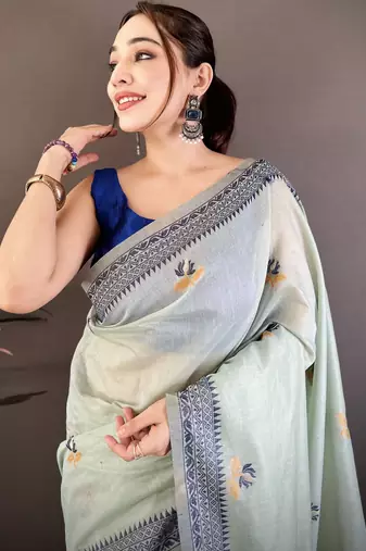 Sky blue cotton woven design saree with unstitched blouse piece