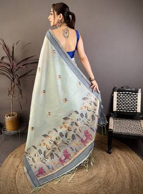 Sky blue cotton woven design saree with unstitched blouse piece 4
