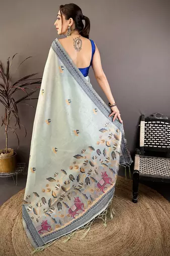 Sky blue cotton woven design saree with unstitched blouse piece