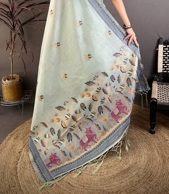 Sky blue cotton woven design saree with unstitched blouse piece 5