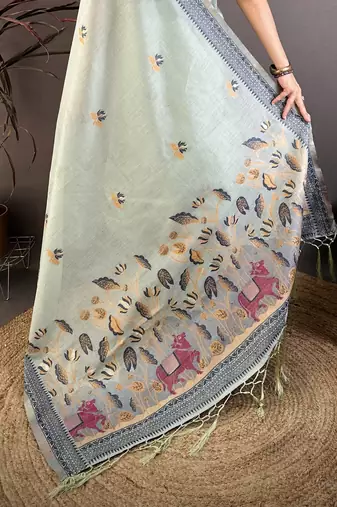Sky blue cotton woven design saree with unstitched blouse piece