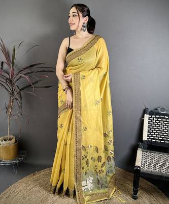 Yellow cotton woven design saree with unstitched blouse piece 1