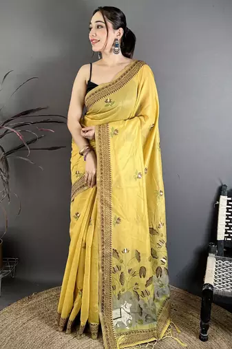 Yellow cotton woven design saree with unstitched blouse piece