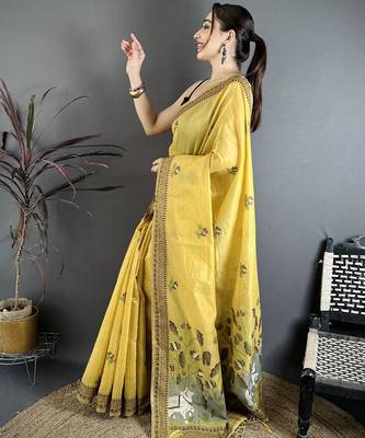Yellow cotton woven design saree with unstitched blouse piece 2