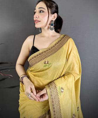 Yellow cotton woven design saree with unstitched blouse piece 3