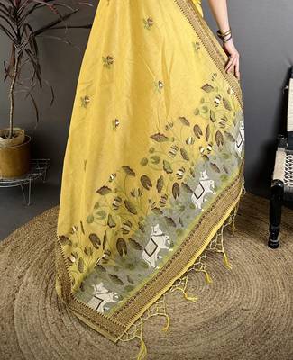 Yellow cotton woven design saree with unstitched blouse piece 5