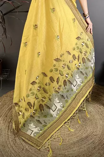 Yellow cotton woven design saree with unstitched blouse piece