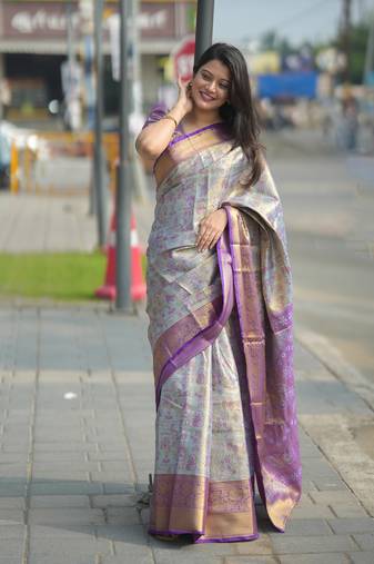 Sky blue kanjeevaram silk blend woven design saree with unstitched blouse piece