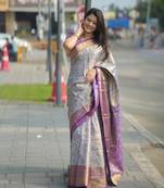Sky blue kanjeevaram silk blend woven design saree with unstitched blouse piece