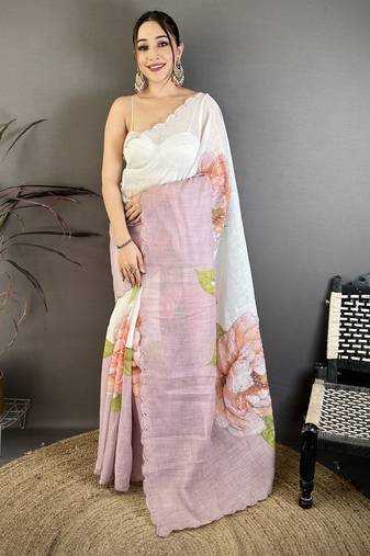 Mauve & off white linen embellished saree with unstitched blouse piece