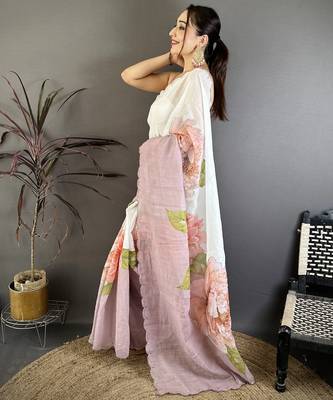Mauve & off white linen embellished saree with unstitched blouse piece 2