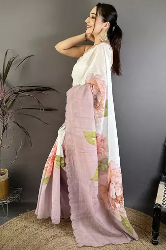 Mauve & off white linen embellished saree with unstitched blouse piece