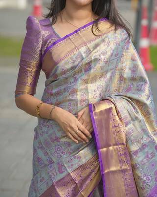 Sky blue kanjeevaram silk blend woven design saree with unstitched blouse piece 3