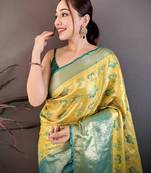 Yellow kanjeevaram silk woven design saree with unstitched blouse piece