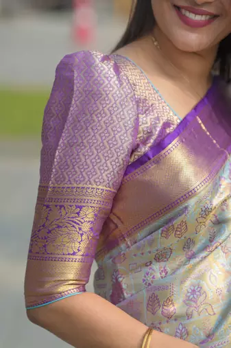 Sky blue kanjeevaram silk blend woven design saree with unstitched blouse piece