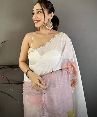 Mauve & off white linen embellished saree with unstitched blouse piece 4