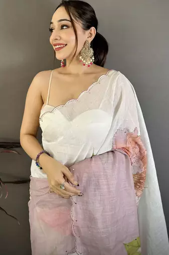 Mauve & off white linen embellished saree with unstitched blouse piece