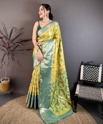 Yellow kanjeevaram silk blend woven design saree with unstitched blouse piece 2