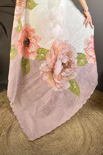 Mauve & off white linen embellished saree with unstitched blouse piece