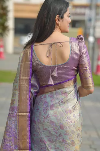 Sky blue kanjeevaram silk blend woven design saree with unstitched blouse piece