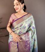 Sky blue kanjeevaram silk woven design saree with unstitched blouse piece