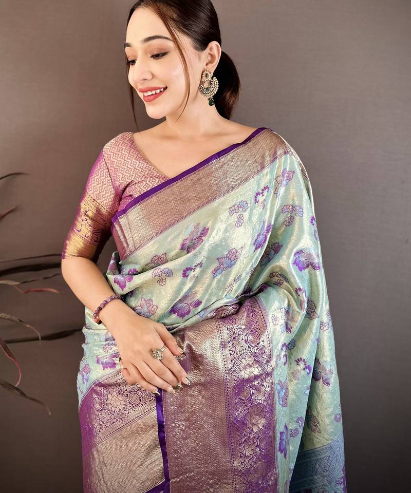 Sky blue kanjeevaram silk woven design saree with unstitched blouse piece