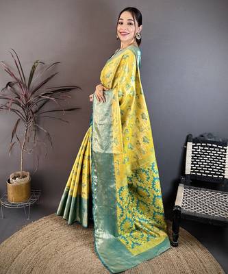 Yellow kanjeevaram silk blend woven design saree with unstitched blouse piece 3