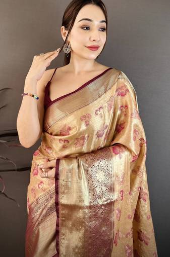 Beige kanjeevaram silk blend woven design saree with unstitched blouse piece