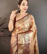 Beige kanjeevaram silk woven design saree with unstitched blouse piece