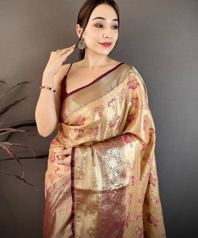 Beige kanjeevaram silk woven design saree with unstitched blouse piece