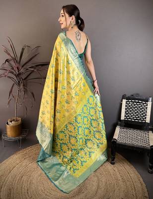 Yellow kanjeevaram silk blend woven design saree with unstitched blouse piece 4