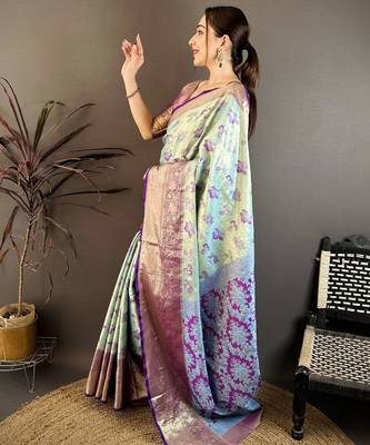 Sky blue kanjeevaram silk blend woven design saree with unstitched blouse piece 3