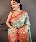 Sea green kanjeevaram silk woven design saree with unstitched blouse piece