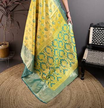 Yellow kanjeevaram silk blend woven design saree with unstitched blouse piece 5
