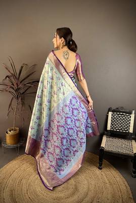 Sky blue kanjeevaram silk blend woven design saree with unstitched blouse piece 4