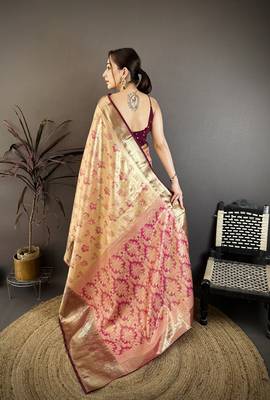 Beige kanjeevaram silk blend woven design saree with unstitched blouse piece 4