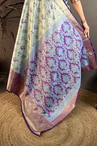Sky blue kanjeevaram silk blend woven design saree with unstitched blouse piece