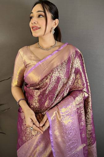 Wine kanjeevaram silk blend woven design saree with unstitched blouse piece