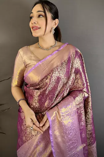 Wine kanjeevaram silk blend woven design saree with unstitched blouse piece