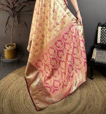 Beige kanjeevaram silk blend woven design saree with unstitched blouse piece 5