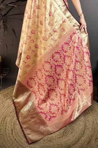 Beige kanjeevaram silk blend woven design saree with unstitched blouse piece