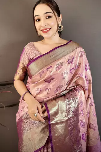 Pink kanjeevaram silk blend woven design saree with unstitched blouse piece