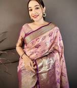Pink kanjeevaram silk woven design saree with unstitched blouse piece