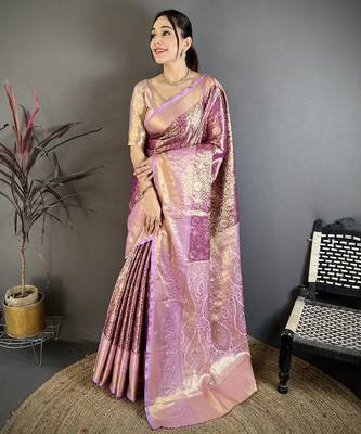 Wine kanjeevaram silk blend woven design saree with unstitched blouse piece 2