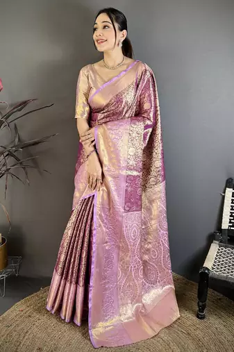 Wine kanjeevaram silk blend woven design saree with unstitched blouse piece