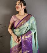 Sky blue kanjeevaram silk woven design saree with unstitched blouse piece