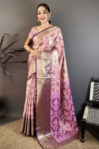 Pink kanjeevaram silk blend woven design saree with unstitched blouse piece